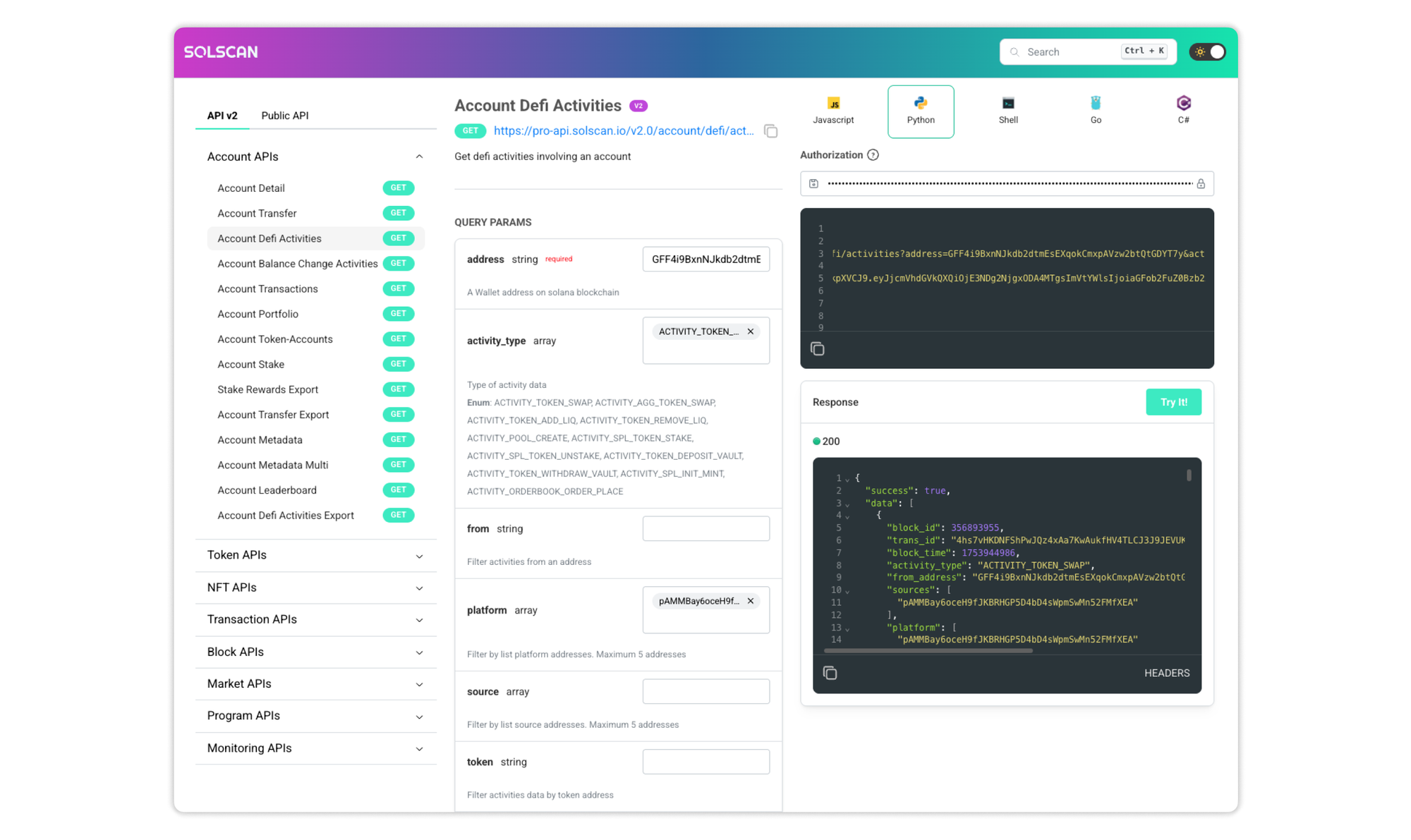 Use Solscan’s interactive API docs to retrieve Pump.fun activity