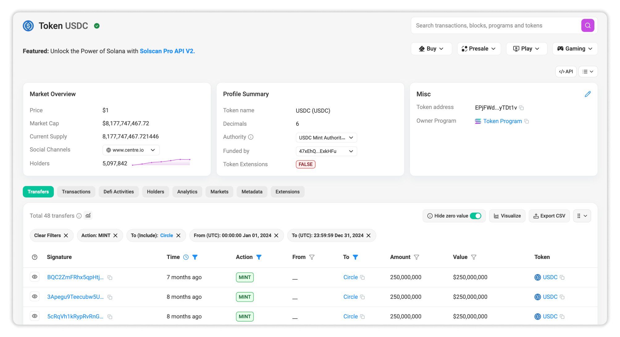 Filters applied to export CSV of USDC mint transactions during 2024 from Token page perspective