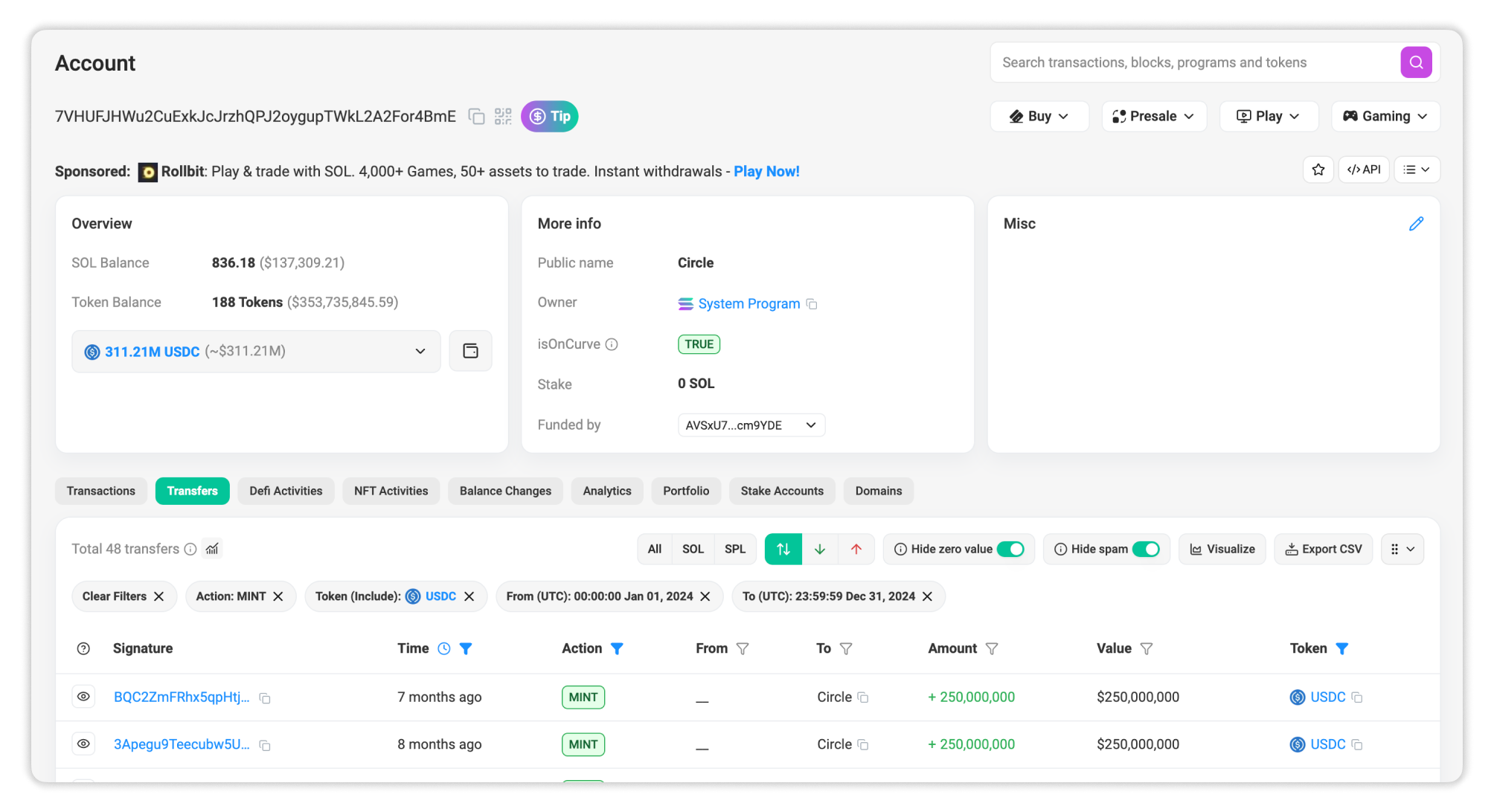 Filters applied to export CSV of USDC mint transactions during 2024 from Account page perspective