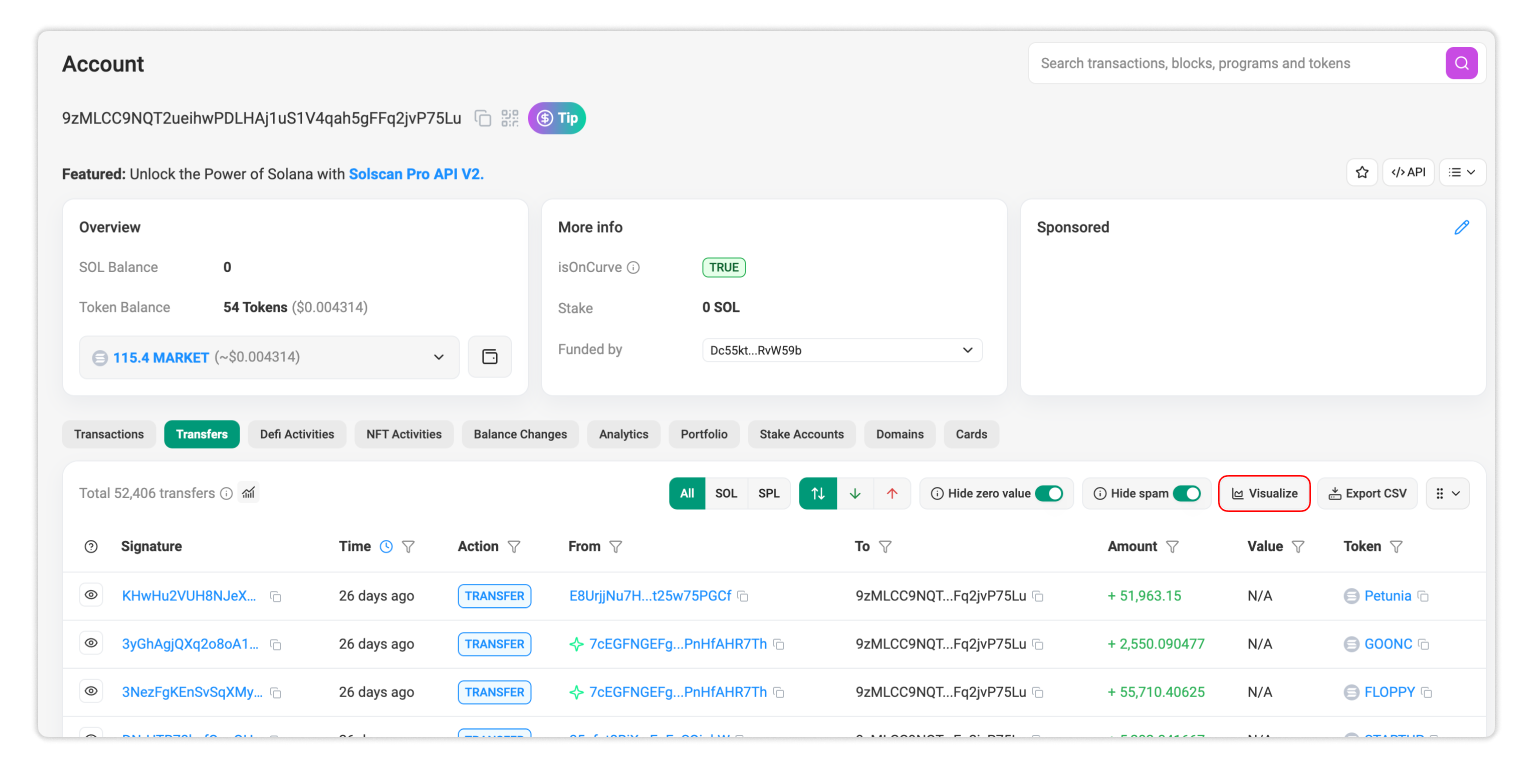 Example: The location of the Visualize button in Transfers tab on Account page