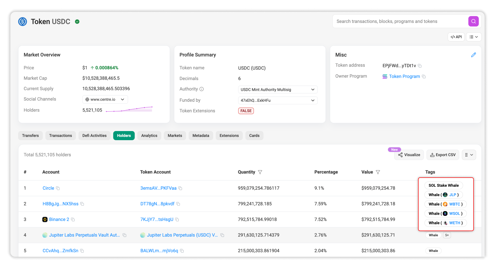 Solscan Extra Tags displays in Token Holders page