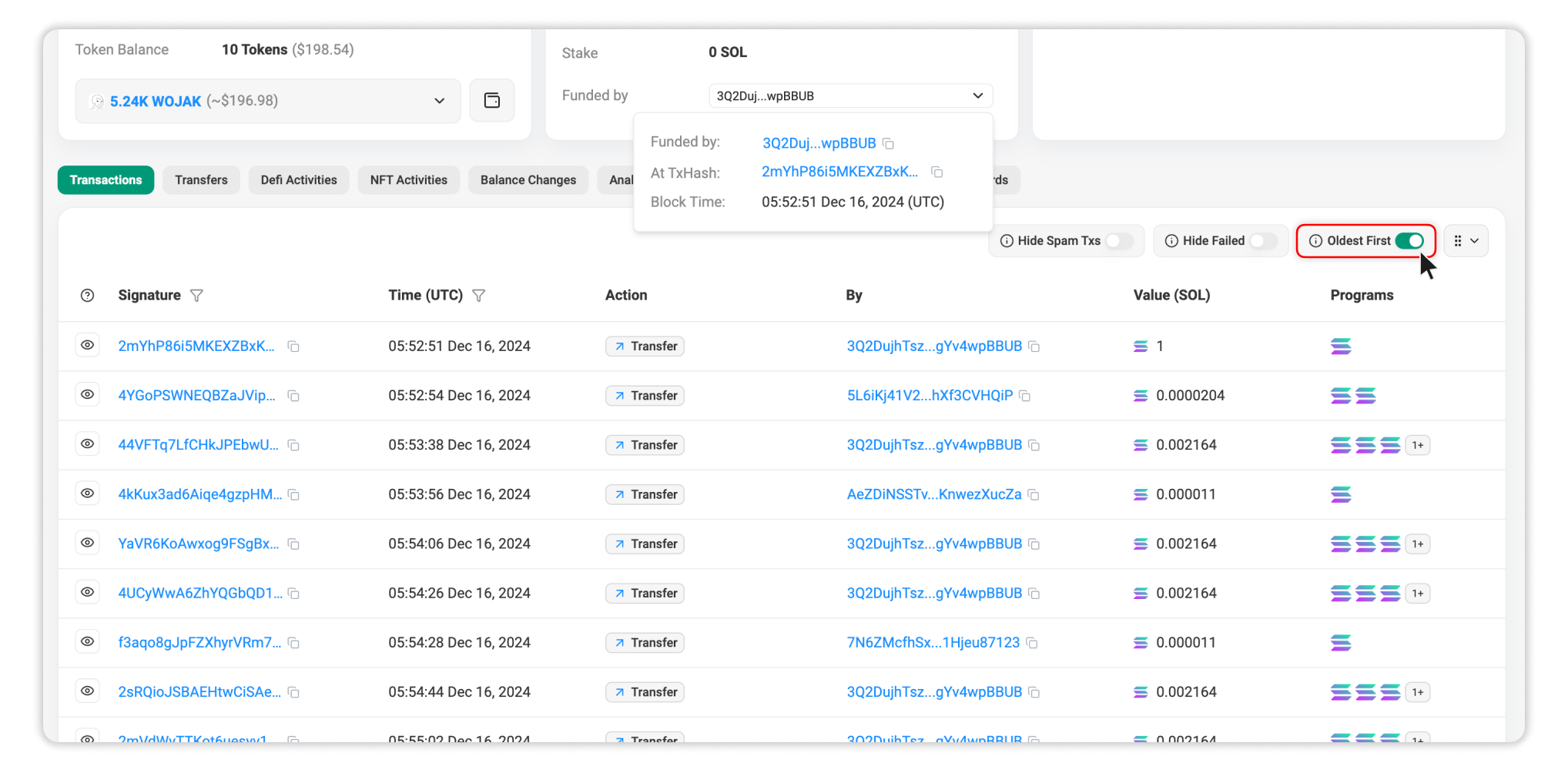 Toggle this option to see the oldest transactions of a wallet or token first.