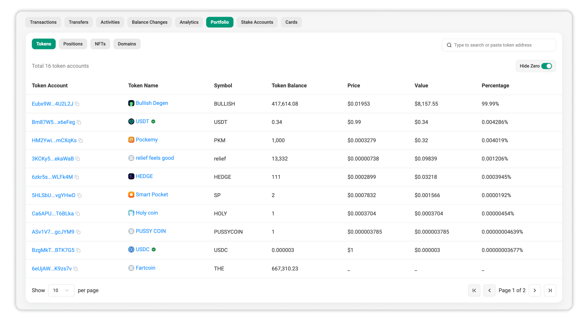 Portfolio: Tokens section