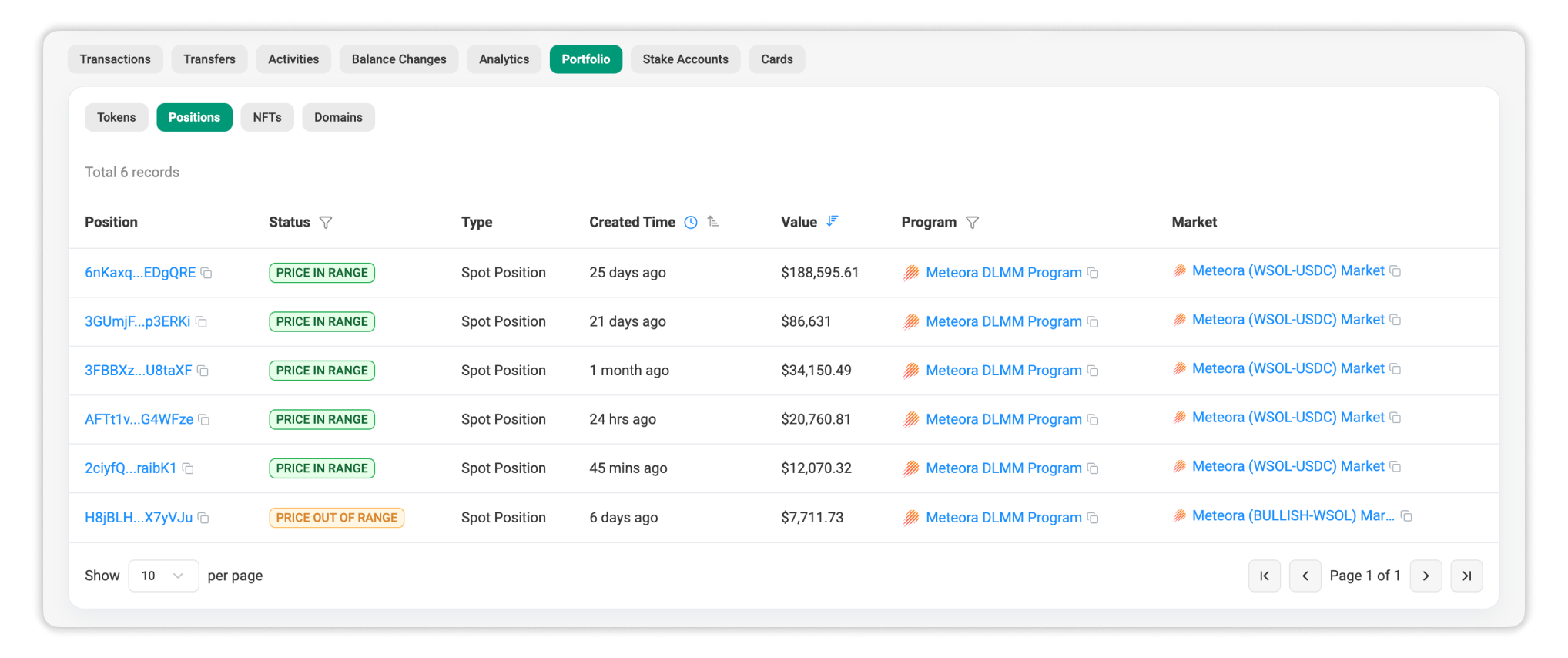 Portfolio: Positions section