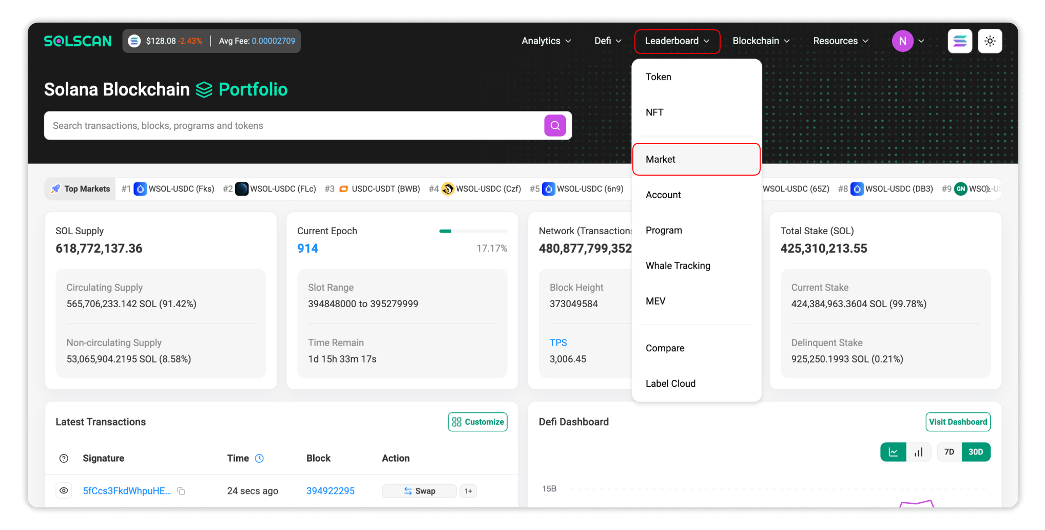 Select Leaderboard - Market on Solscan homepage to access Market Leaderboard