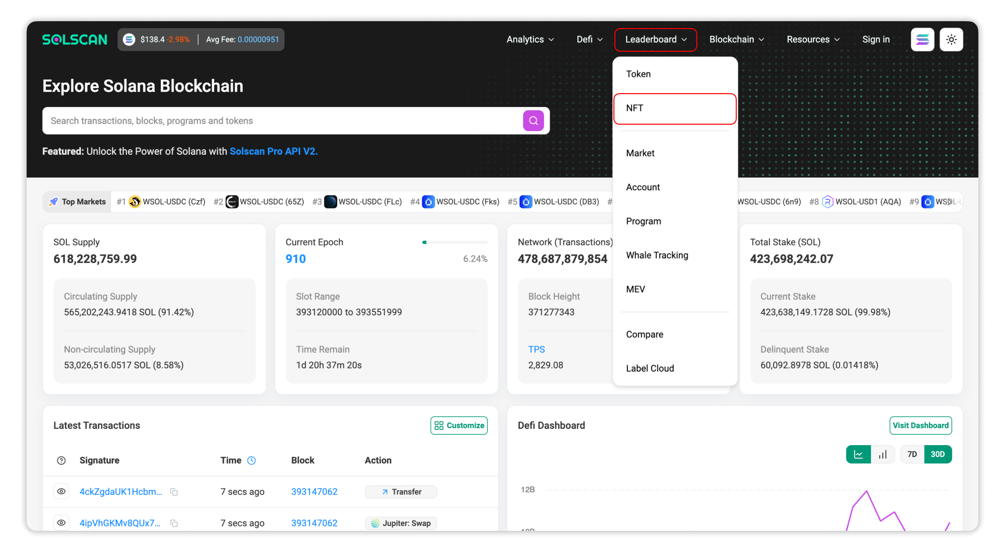 Select Leaderboard - NFT on Solscan homepage to access NFT Leaderboard