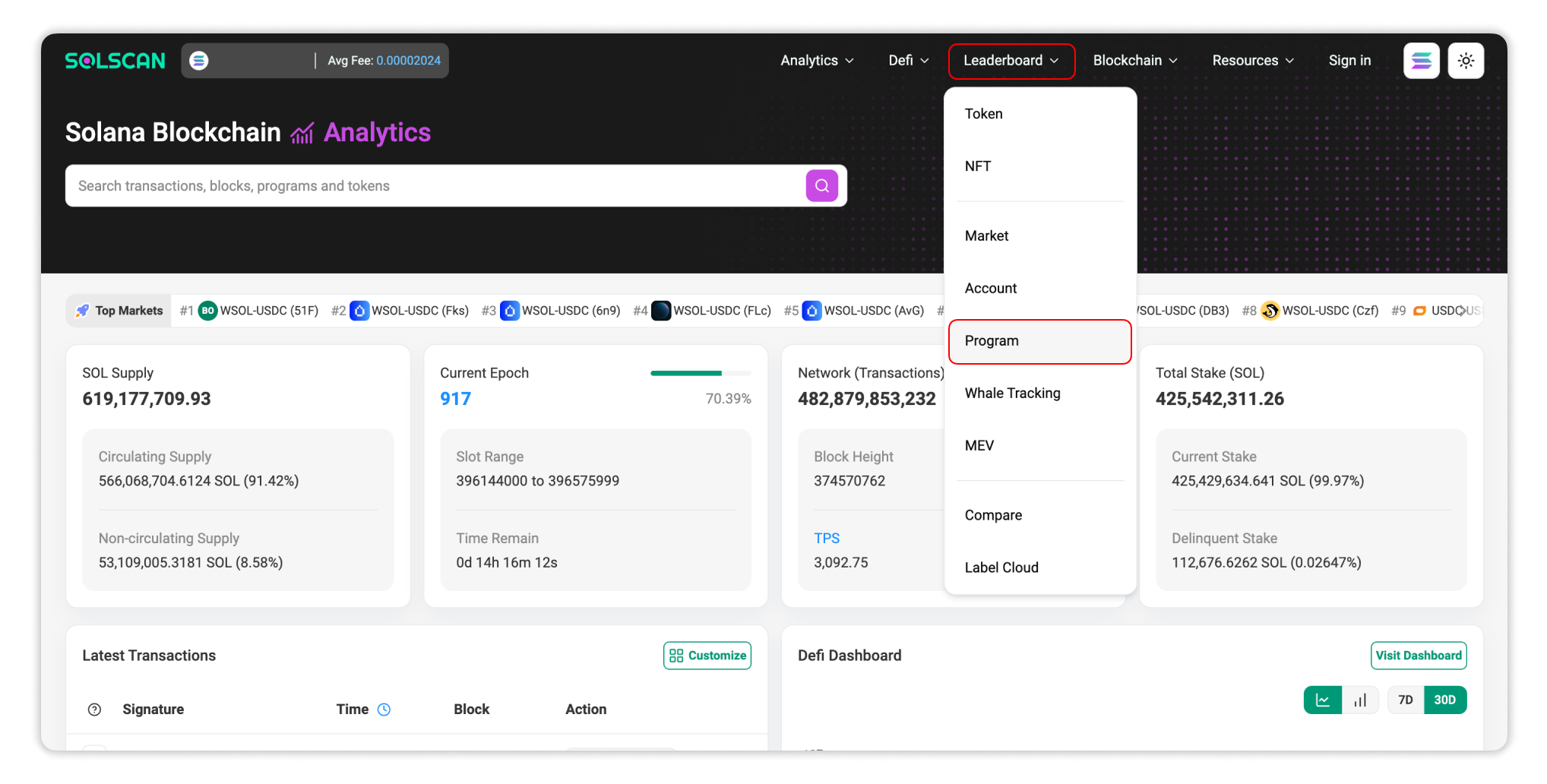 Select Leaderboard - Program on Solscan homepage to access Program Leaderboard
