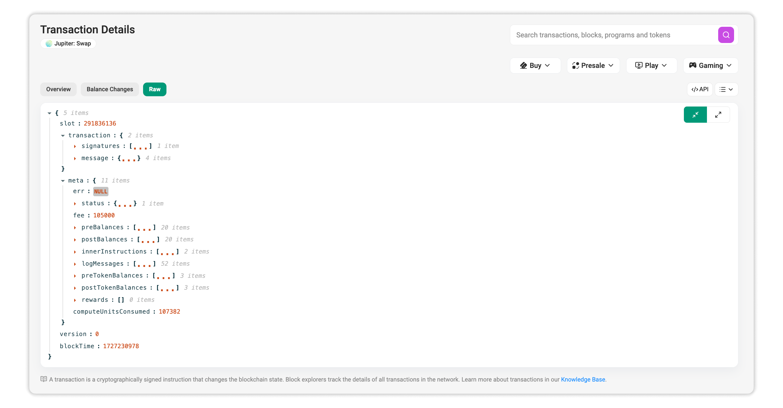 Raw tab in Transaction Details page