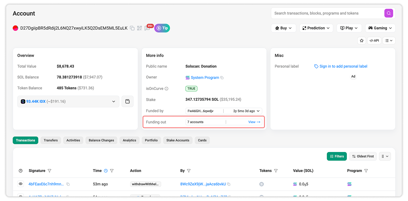 "Funding out" information displayed on Solscan Account page