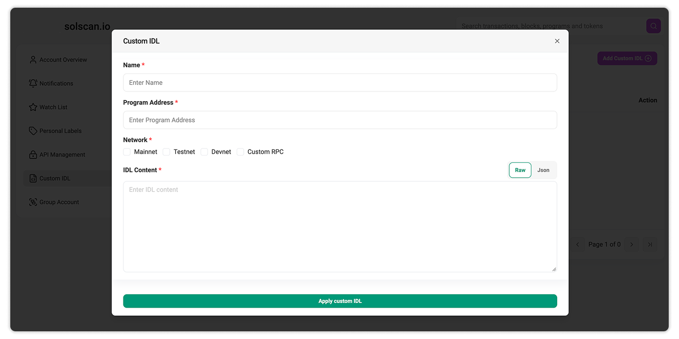 Custom IDL on Solscan